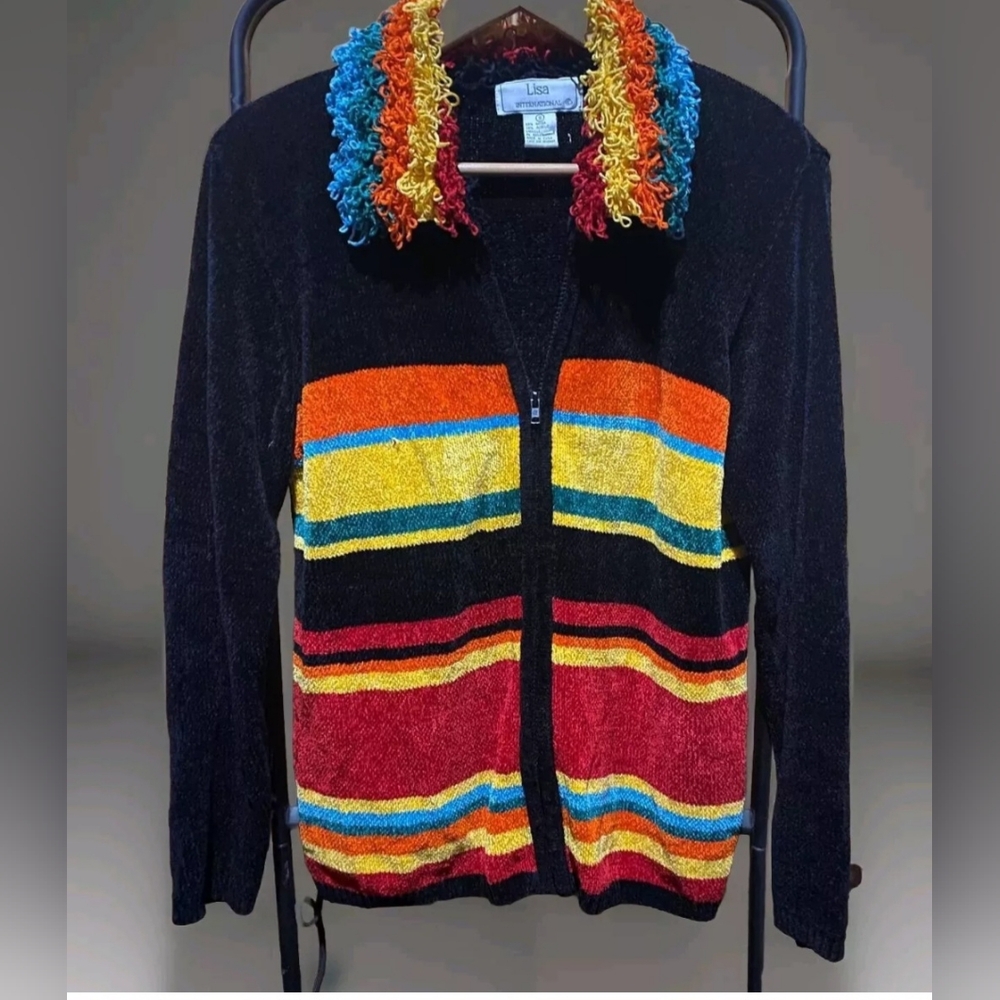 90s Y2K Lisa International Boho Hippie Rainbow Fringe Chenille Black Zip Up Sz S